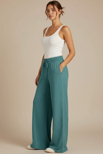 Pantalon Fluide Vert Ample Cordon Poches Décontracté - Molleton