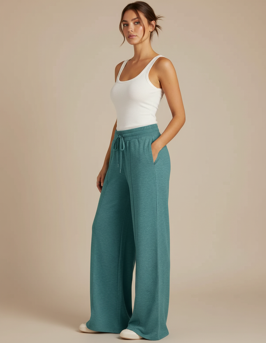 Pantalon Fluide Vert Ample Cordon Poches Décontracté - Molleton