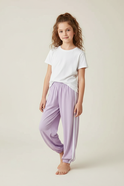 Pantalon Fluide Lilas Rayures Blanches Sport Décontracté Enfant - Violet Viscose
