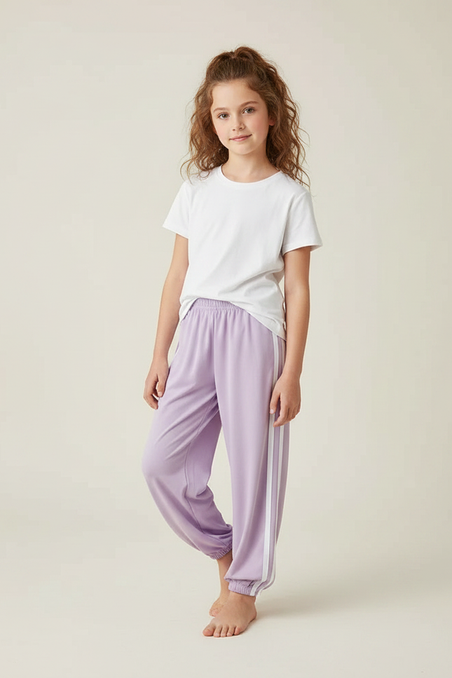 Pantalon Fluide Lilas Rayures Blanches Sport Décontracté Enfant - Violet Viscose