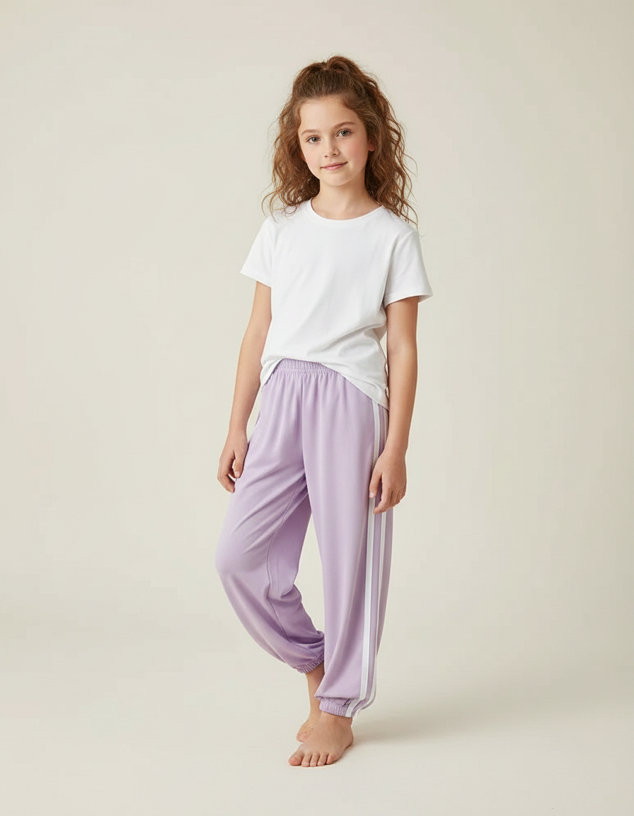 Pantalon Fluide Lilas Rayures Blanches Sport Décontracté Enfant - Violet Viscose