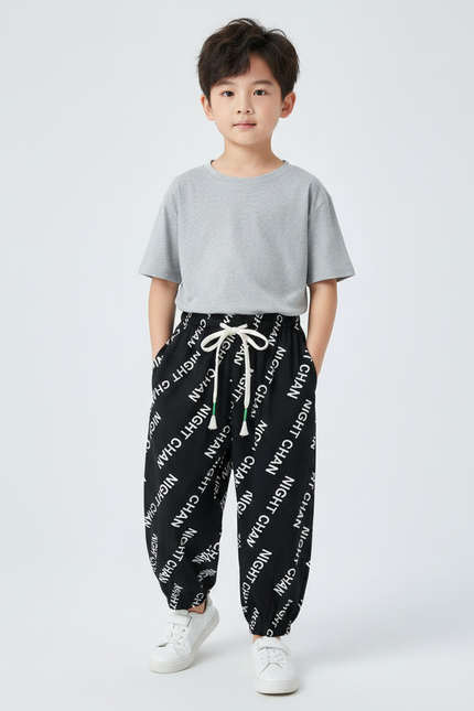 Pantalon Fluide Noir Imprimé Lettres Ample Enfant - Molleton