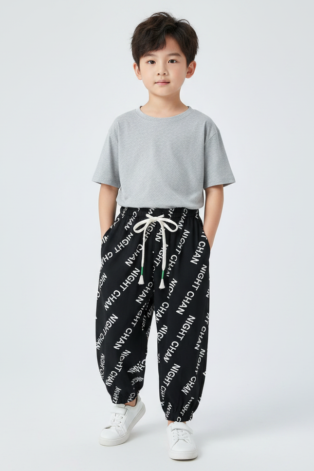 Pantalon Fluide Noir Imprimé Lettres Ample Enfant - Molleton