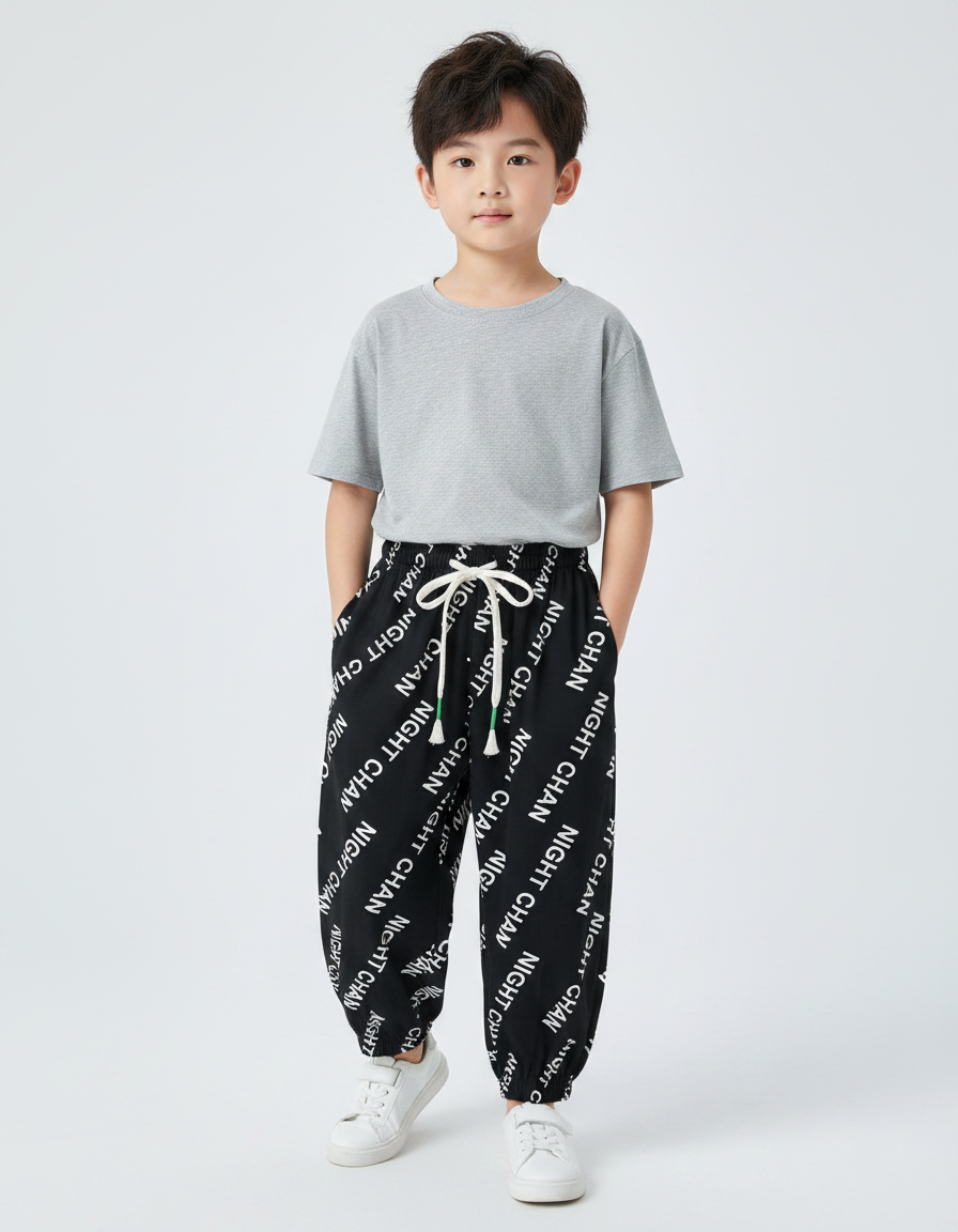 Pantalon Fluide Noir Imprimé Lettres Ample Enfant - Molleton