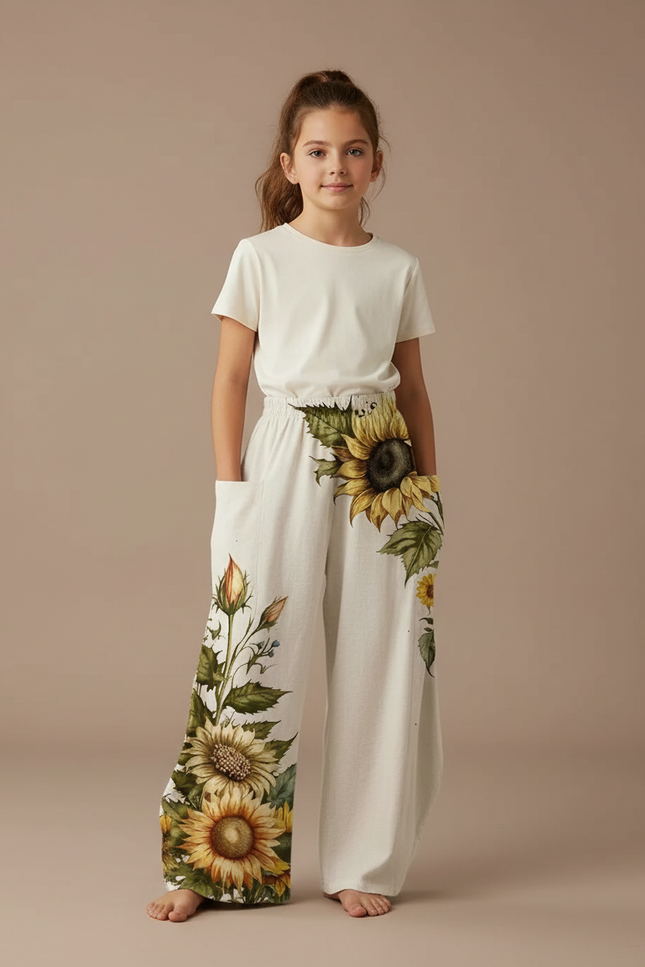 Pantalon Fluide Écru Ample Imprimé Tournesols Botanique Fille - Beige Lin