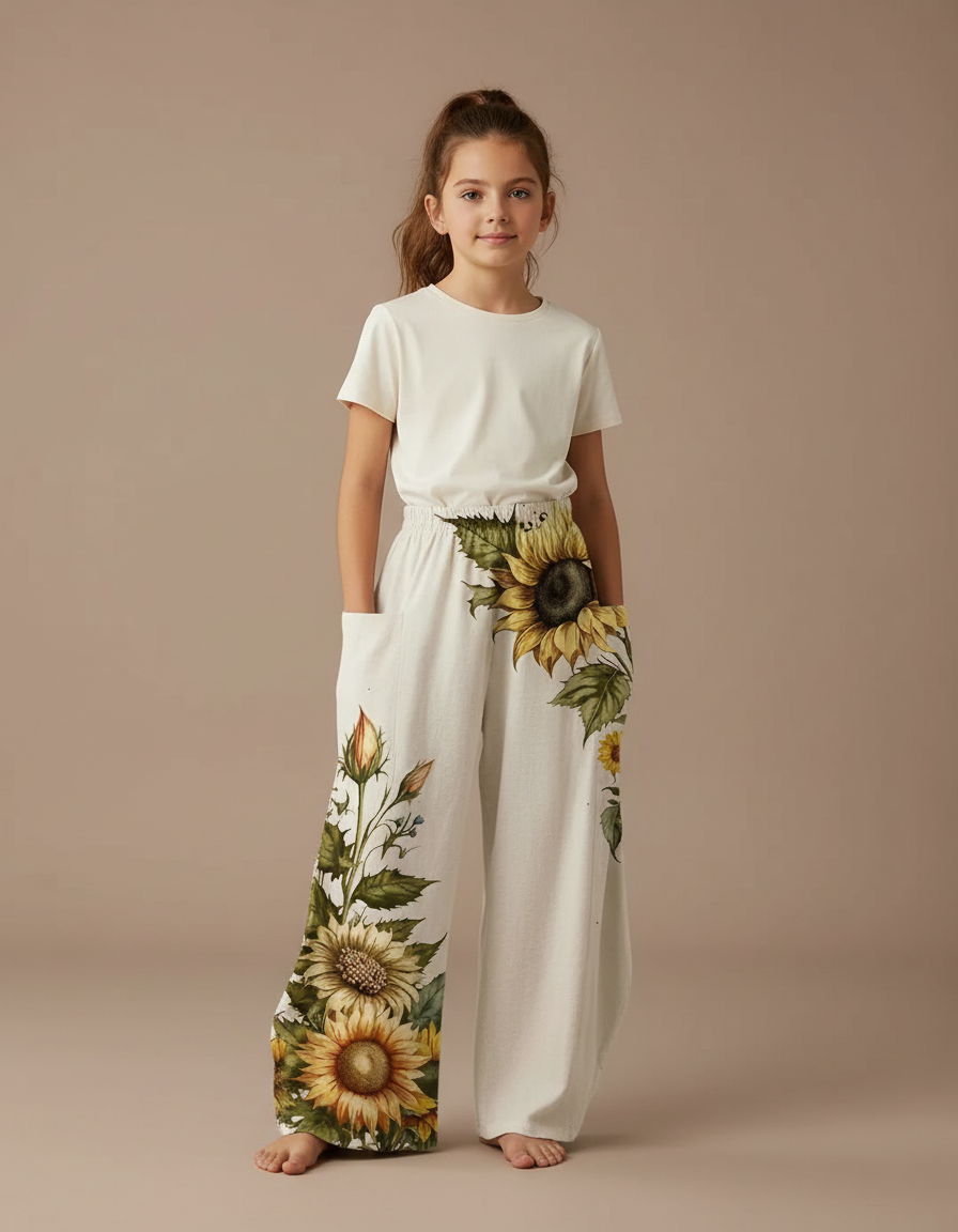 Pantalon Fluide Écru Ample Imprimé Tournesols Botanique Fille - Beige Lin