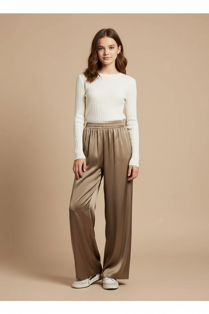 Pantalon Fluide Satiné Ample Marron Taille Élastique