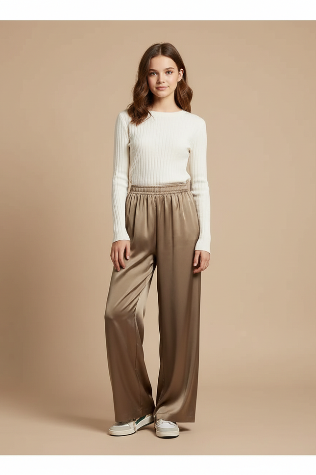 Pantalon Fluide Satiné Ample Marron Taille Élastique