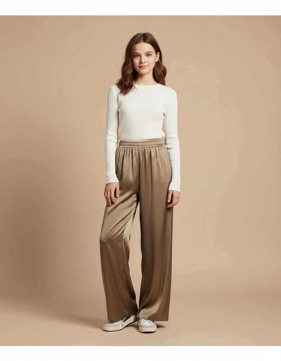 Pantalon Fluide Satiné Ample Marron Taille Élastique
