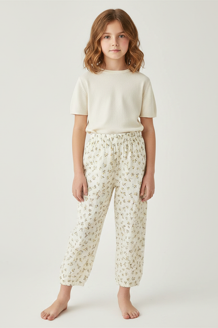 Pantalon Fluide Écru Muslin Imprimé Fleurs Enfant - Coton