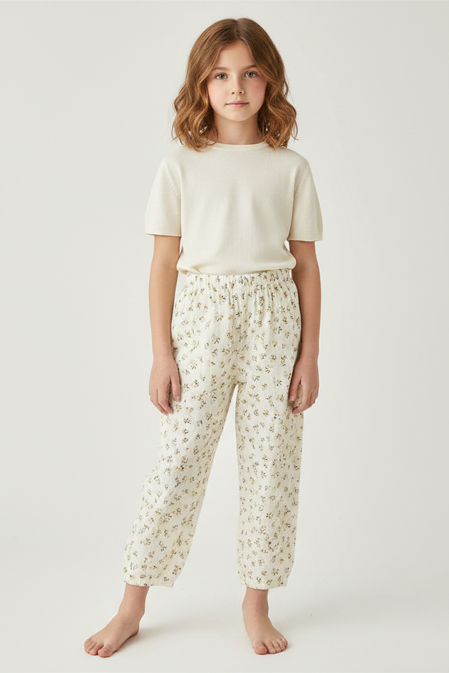 Pantalon Fluide Écru Muslin Imprimé Fleurs Enfant - Coton