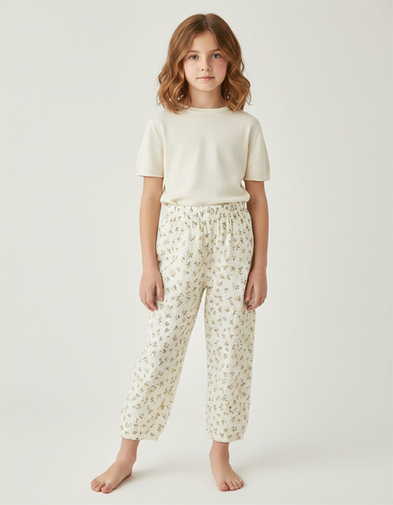 Pantalon Fluide Écru Muslin Imprimé Fleurs Enfant - Coton