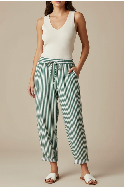 Pantalon Fluide Rayé Vert Blanc Ample Coton