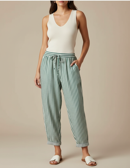 Pantalon Fluide Rayé Vert Blanc Ample Coton