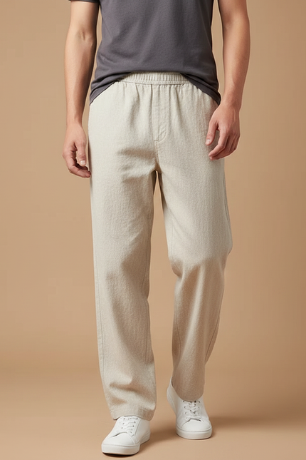 Pantalon Fluide Beige Lin Ample Décontracté Homme Cordon