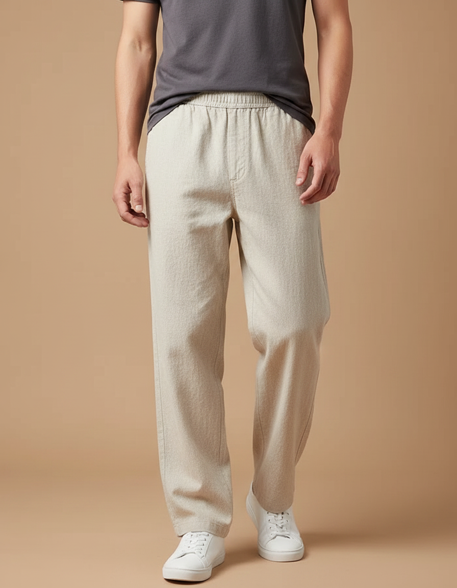 Pantalon Fluide Beige Lin Ample Décontracté Homme Cordon