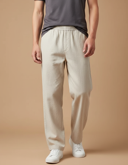 Pantalon Fluide Beige Lin Ample Décontracté Homme Cordon
