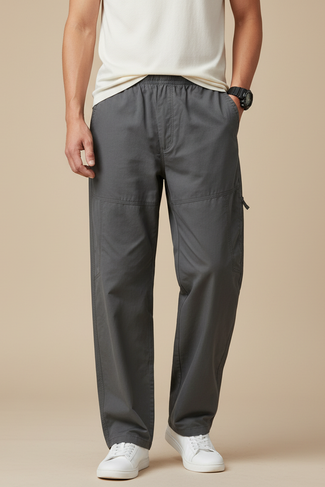 Pantalon Fluide Gris Coton Ample Droit Décontracté