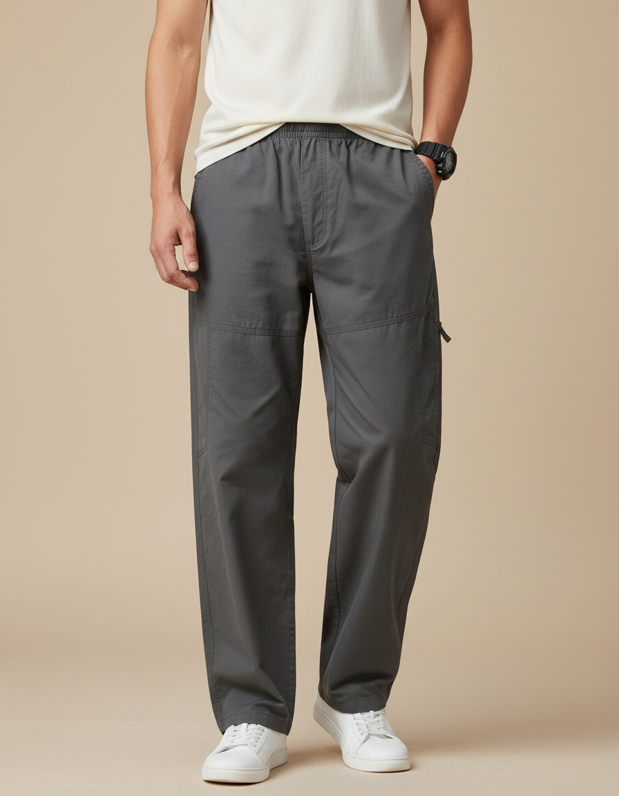 Pantalon Fluide Gris Coton Ample Droit Décontracté