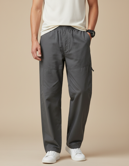 Pantalon Fluide Gris Coton Ample Droit Décontracté