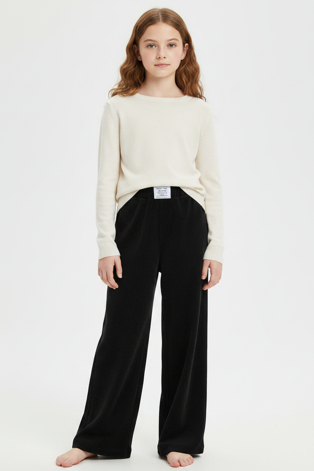 Pantalon Fluide Noir Velours Côtelé Ample Décontracté - Cordé