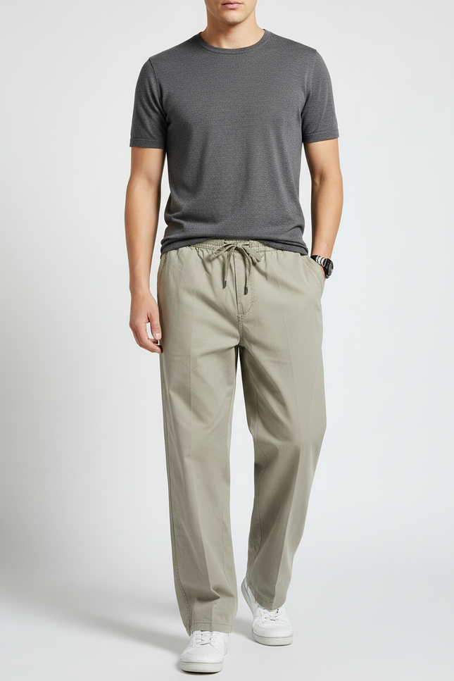 Pantalon Fluide Elastique A La Taille - Kaki Coton