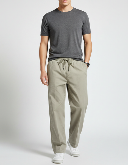 Pantalon Fluide Elastique A La Taille - Kaki Coton