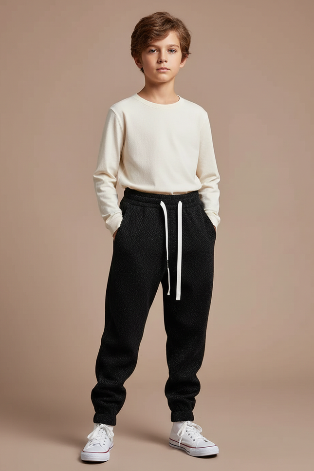 Pantalon Fluide Noir Texturé Ample Décontracté Garçon - Molleton