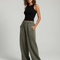 Pantalon Fluide Vert Ample Taille Haute Décontracté - Kaki Molleton