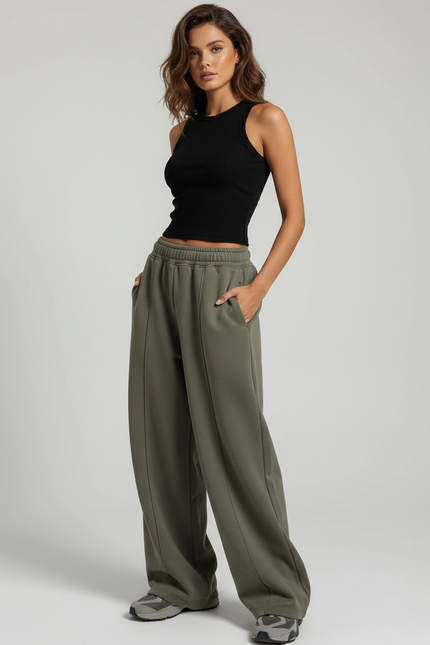 Pantalon Fluide Vert Ample Taille Haute Décontracté - Kaki Molleton
