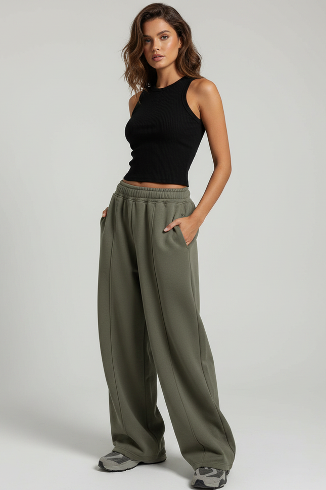 Pantalon Fluide Vert Ample Taille Haute Décontracté - Kaki Molleton