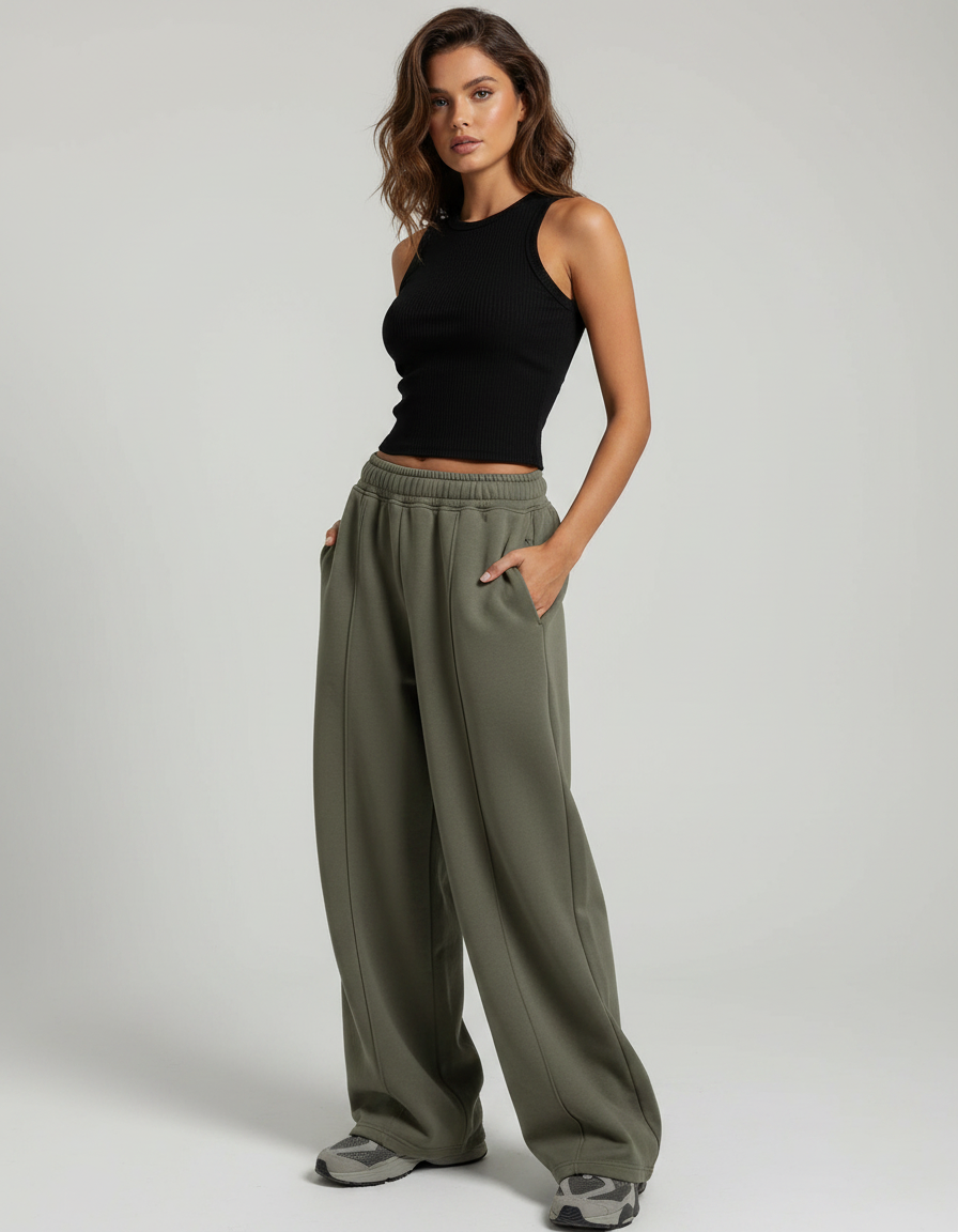 Pantalon Fluide Vert Ample Taille Haute Décontracté - Kaki Molleton