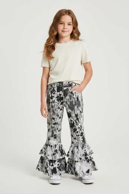 Pantalon Fluide Imprimé Abstrait Évasé Volants Noir Blanc - Viscose