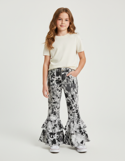 Pantalon Fluide Imprimé Abstrait Évasé Volants Noir Blanc - Viscose
