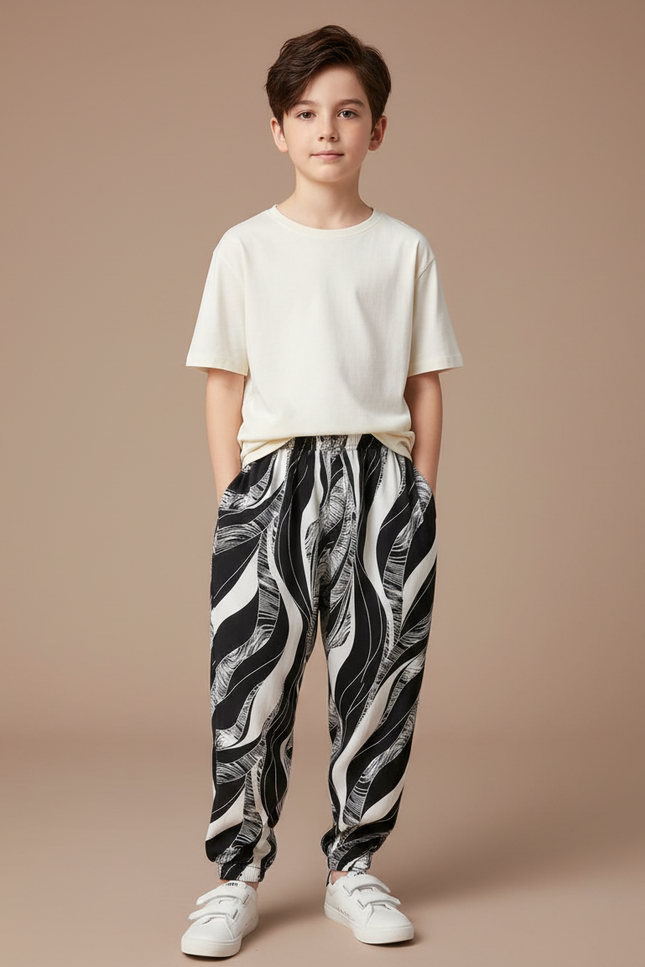 Pantalon Fluide Noir Blanc Imprimé Abstrait Confortable - Viscose