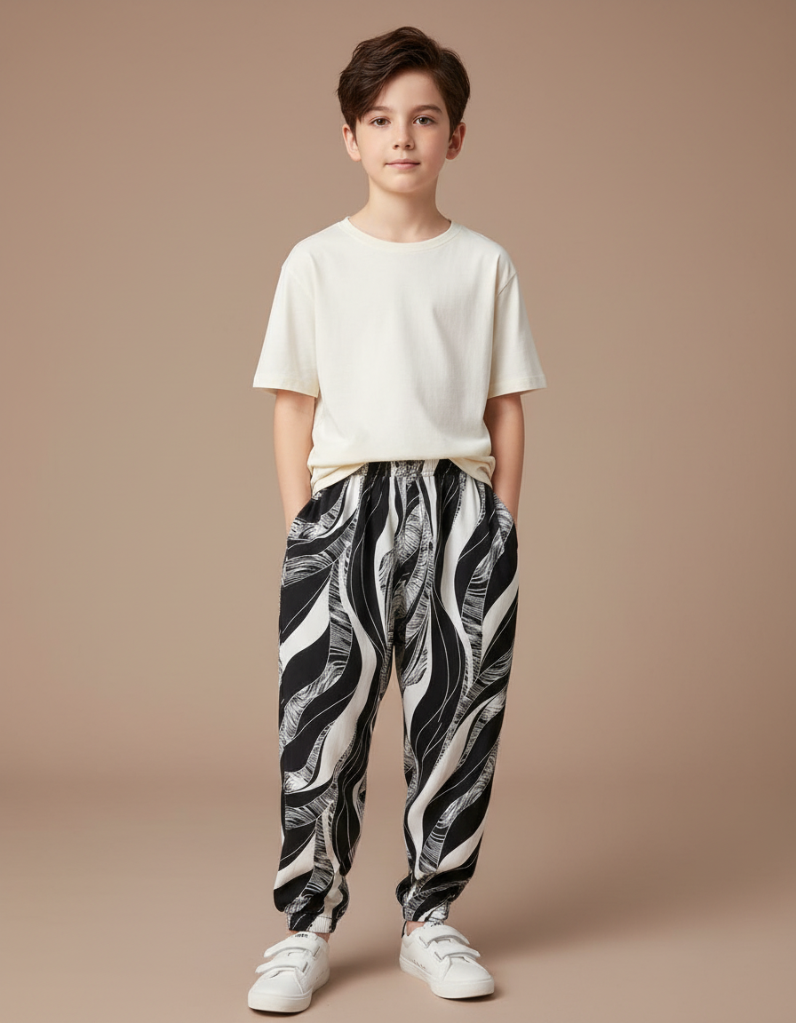 Pantalon Fluide Noir Blanc Imprimé Abstrait Confortable - Viscose