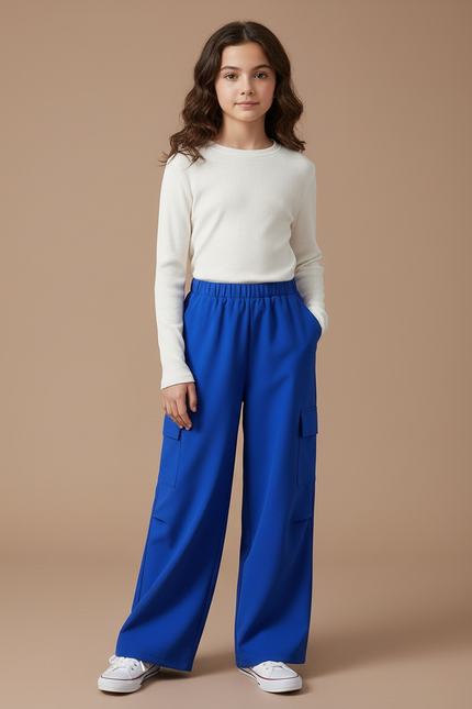 Pantalon Fluide Bleu Royal Cargo Ample Poches - Polyester
