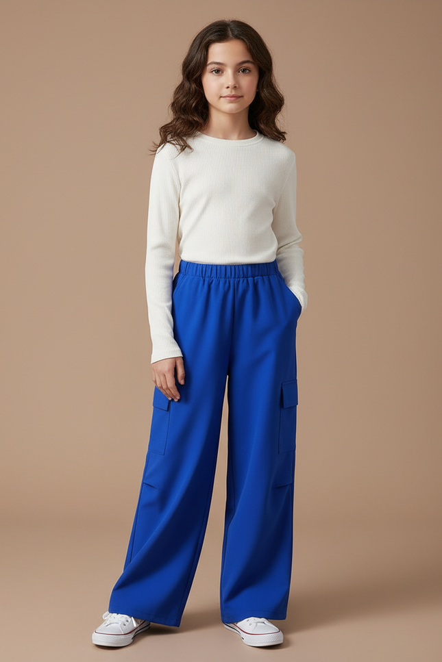 Pantalon Fluide Bleu Royal Cargo Ample Poches - Polyester