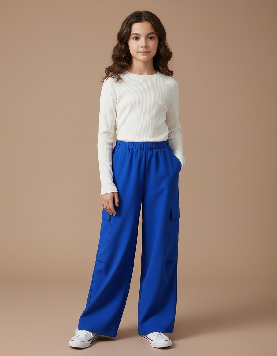 Pantalon Fluide Bleu Royal Cargo Ample Poches - Polyester