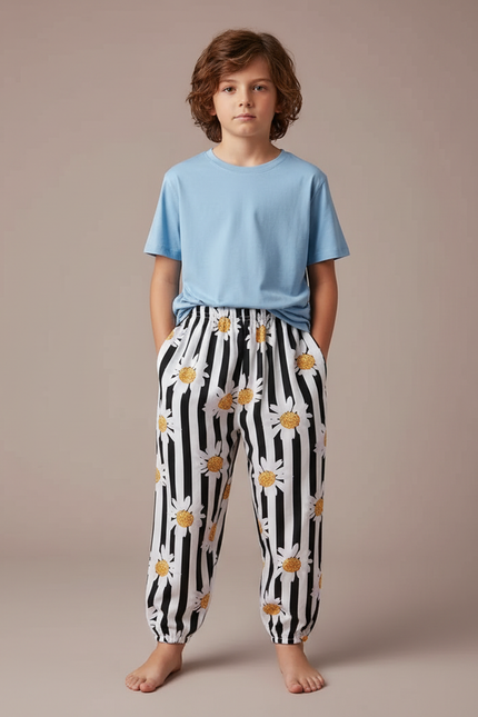Pantalon Fluide Rayé Marguerites Ample Décontracté Enfant - Imprimé Viscose