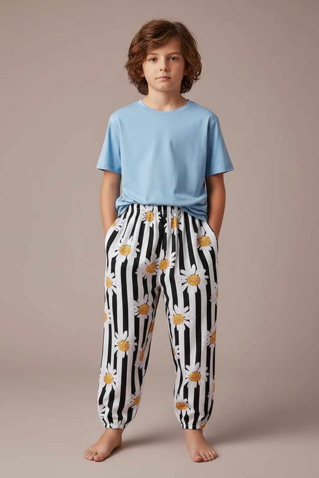 Pantalon Fluide Rayé Marguerites Ample Décontracté Enfant - Imprimé Viscose