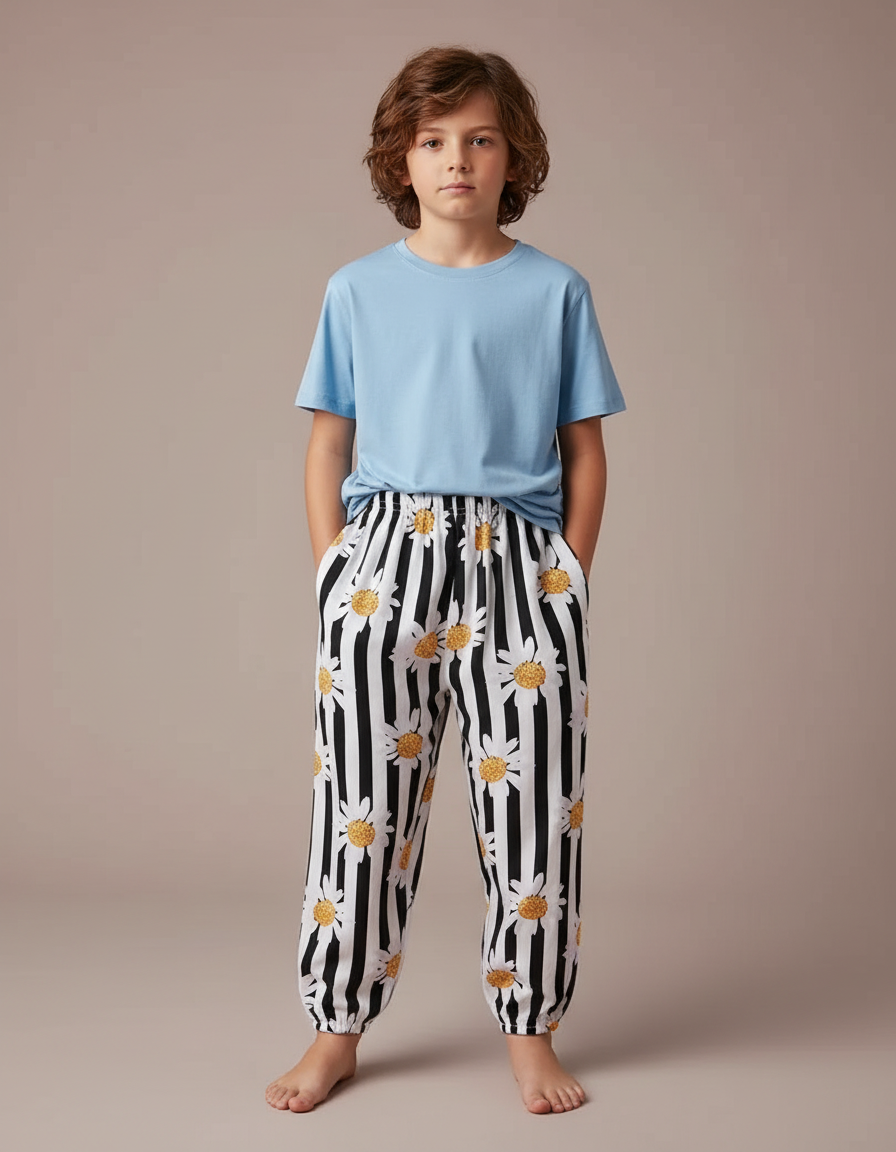 Pantalon Fluide Rayé Marguerites Ample Décontracté Enfant - Imprimé Viscose