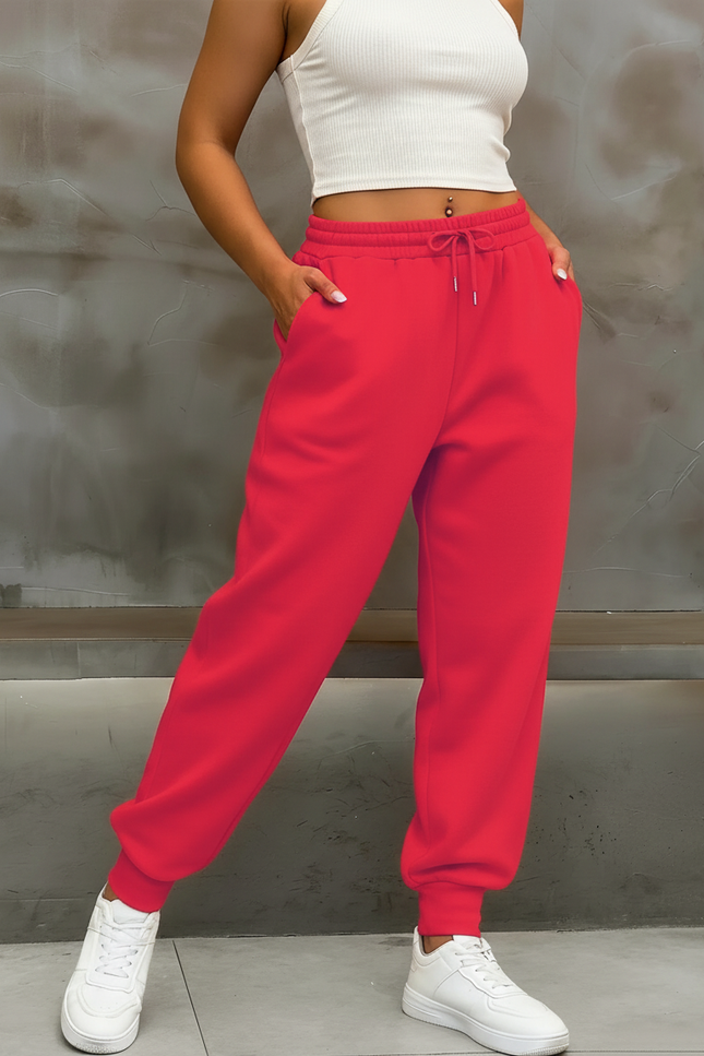 Pantalon Fluide Rouge Ample Cordon Sport Décontracté - Molleton