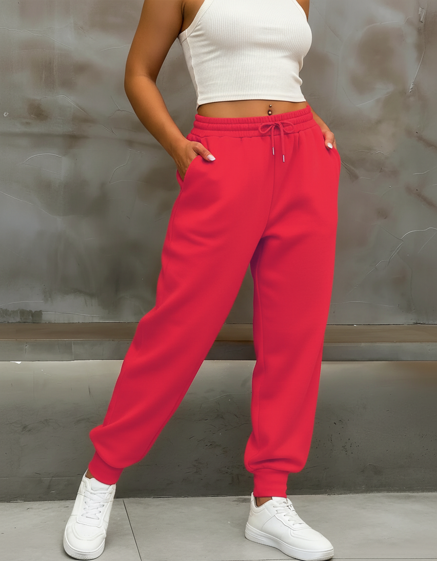 Pantalon Fluide Rouge Ample Cordon Sport Décontracté - Molleton