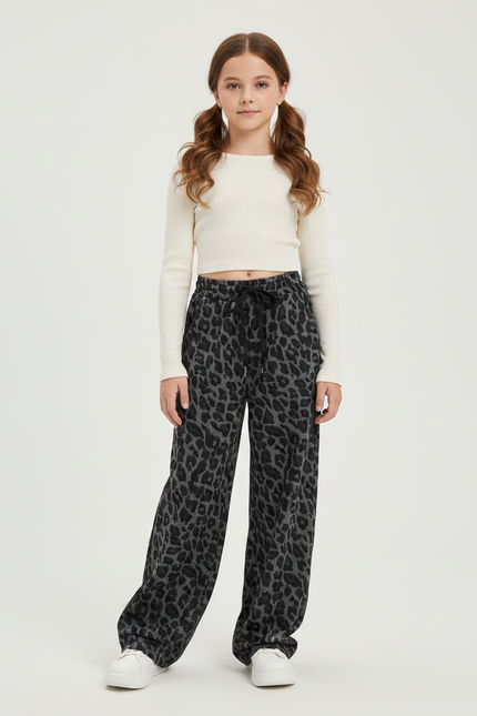 Pantalon Fluide Léopard Gris Ample Décontracté Cordon - Molleton