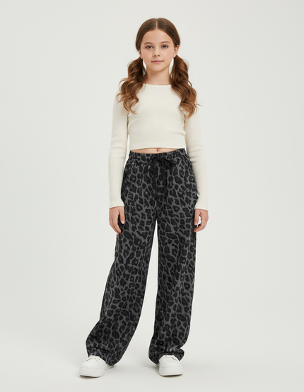 Pantalon Fluide Léopard Gris Ample Décontracté Cordon - Molleton