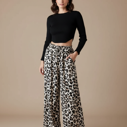 Pantalon Fluide Léopard Taille Haute Ample Imprimé Animal - Viscose