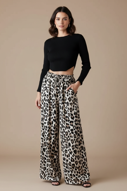 Pantalon Fluide Léopard Taille Haute Ample Imprimé Animal - Viscose