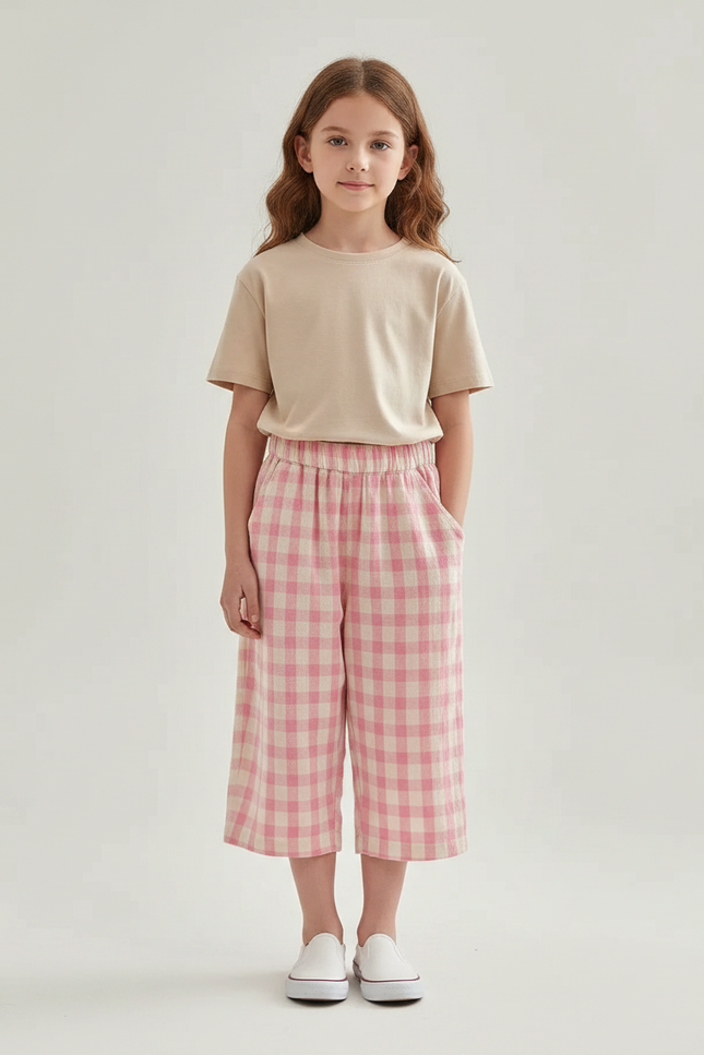 Pantalon Fluide Rose Carreaux Ample Coton Enfant