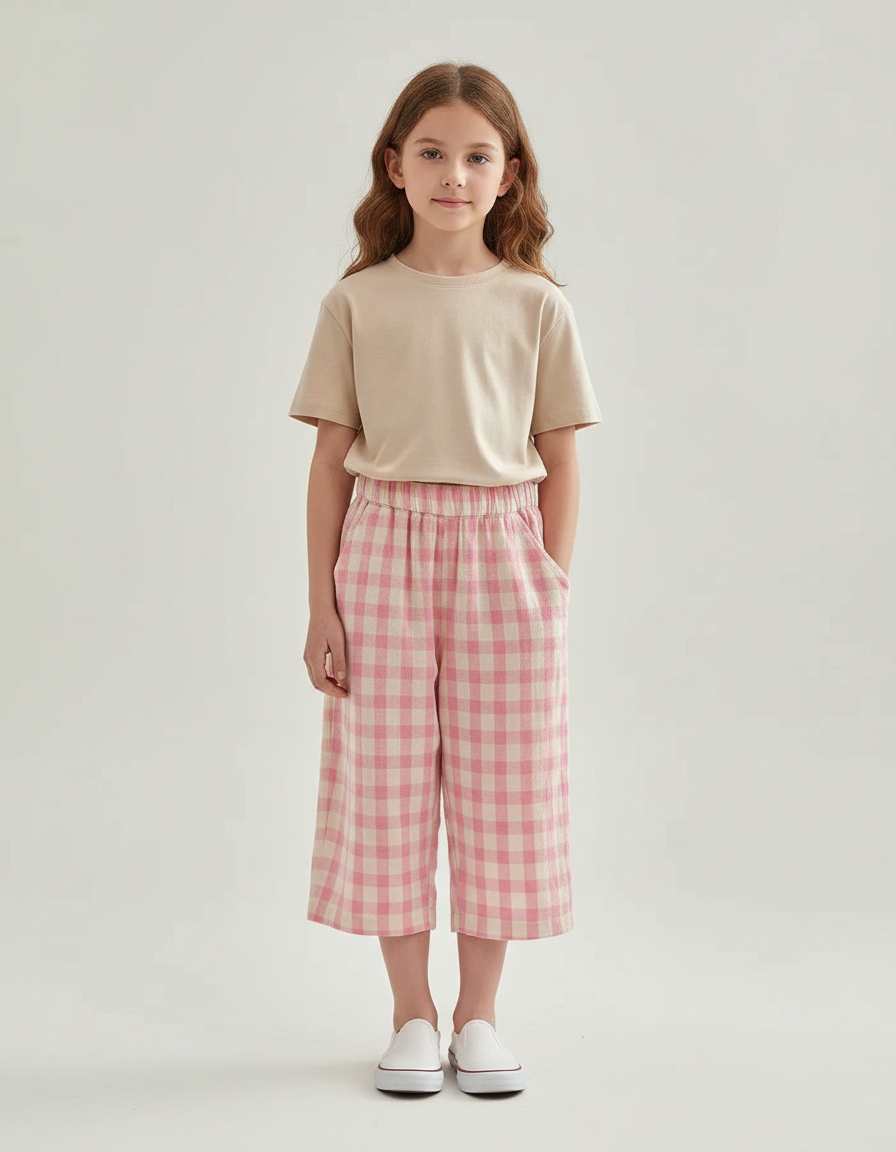 Pantalon Fluide Rose Carreaux Ample Coton Enfant